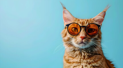 Portrait of cute ginger cat with sunglasses isolated on light blue background, summer concept banner design. Cute pet wearing glasses and posing to camera, copy space for text.