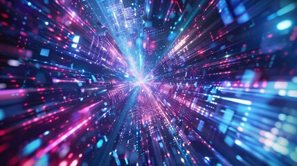 bakcground dynamic blue and purple lights, giving the impression of being enveloped in a stream of photons. 