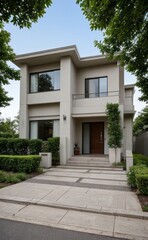 A Contemporary Dwelling with Stylish Architecture, Beautiful Exterior Design, and a Serene Garden Setting. Perfect Family Home in a Residential Neighborhood, Featuring Thoughtful Construction