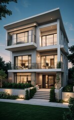 Fototapeta premium A Contemporary Dwelling with Stylish Architecture, Beautiful Exterior Design, and a Serene Garden Setting. Perfect Family Home in a Residential Neighborhood, Featuring Thoughtful Construction