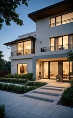 Fototapeta premium A Contemporary Dwelling with Stylish Architecture, Beautiful Exterior Design, and a Serene Garden Setting. Perfect Family Home in a Residential Neighborhood, Featuring Thoughtful Construction