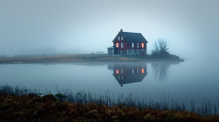 A solitary house in the fog reflected in a calm lake, evoking feelings of serenity and mystery. Ideal for designs focusing on tranquility, solitude, and the countryside. Has copy space.