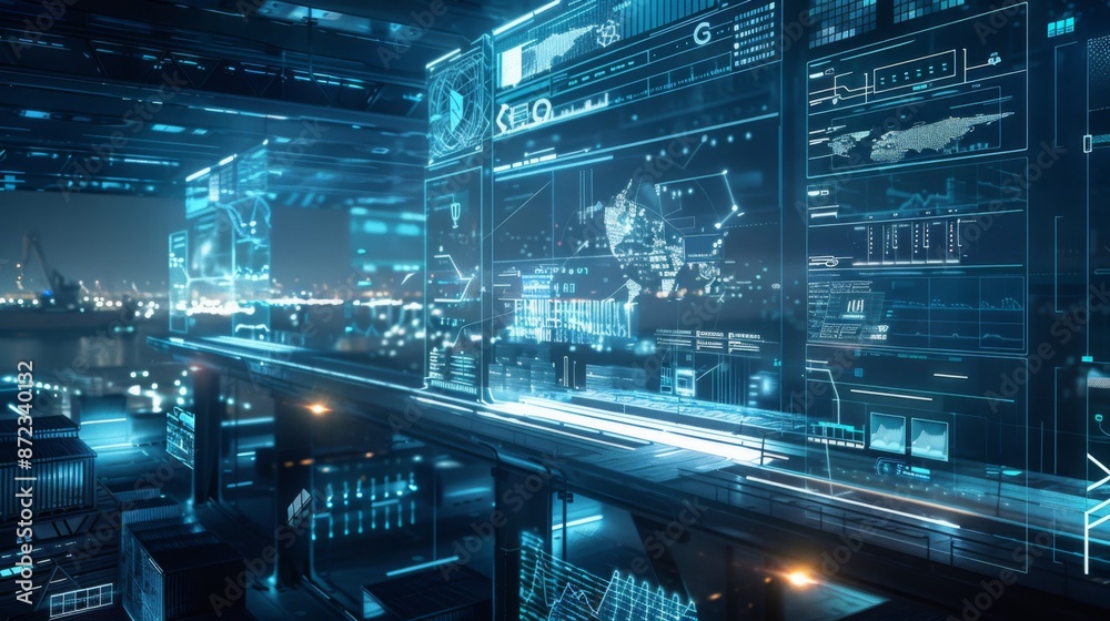Aufkleber A high-tech city with bright digital screens showcasing data and visuals, seamlessly blending into the citys infrastructure, emphasizing tech in urban development.