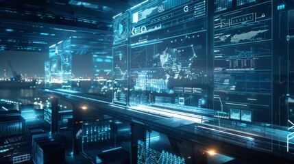 A high-tech city with bright digital screens showcasing data and visuals, seamlessly blending into the citys infrastructure, emphasizing tech in urban development.