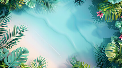 A summer theme background with tropical plants and summer elements, with copy space. The image features palm leaves, vibrant greenery, and clear water, perfect for vacation or relaxation designs.
