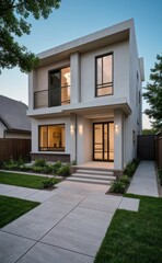 Fototapeta premium A Contemporary Dwelling with Stylish Architecture, Beautiful Exterior Design, and a Serene Garden Setting. Perfect Family Home in a Residential Neighborhood, Featuring Thoughtful Construction