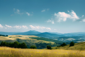 Scenic summer landscape with mountains, rolling hills, and clouds. Ideal for nature scenes, backgrounds, and countryside-themed designs. Includes copy space.