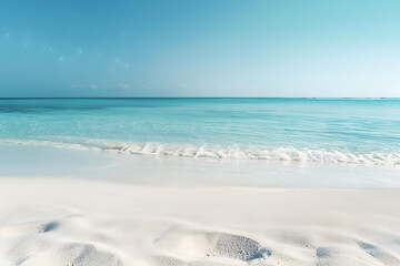 Beautiful white sand beach with clear blue water and sky background, perfect for summer vacation or travel designs, minimalistic style with plenty of copy space.