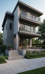 A Contemporary Dwelling with Stylish Architecture, Beautiful Exterior Design, and a Serene Garden Setting. Perfect Family Home in a Residential Neighborhood, Featuring Thoughtful Construction