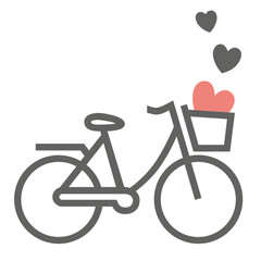 Ladies bicycle with basket filled with hearts. Women city retro bike with a low frame. Hollandrad