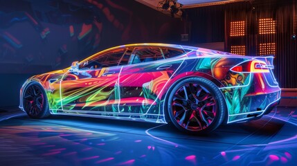 A vibrant electric car with a colorful paint job is displayed in a dark room illuminated by neon lights. The cars body appears outlined in neon light, creating a striking visual.