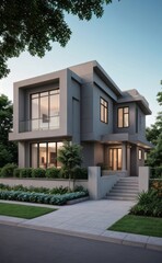 Fototapeta premium A Contemporary Dwelling with Stylish Architecture, Beautiful Exterior Design, and a Serene Garden Setting. Perfect Family Home in a Residential Neighborhood, Featuring Thoughtful Construction