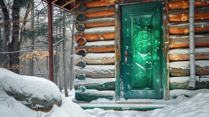 glossy emerald green door with a modern design on a rustic log cabin, bringing a vibrant touch to the wintry woods