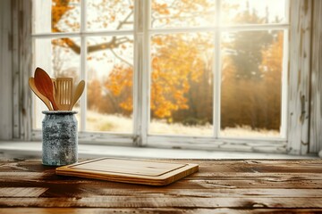 Rustic Kitchen Window with Wooden Cutting Board
