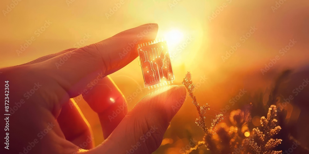 Aufkleber close-up of a glowing nano microchip held by fingers, highlighting the advanced technology and preci