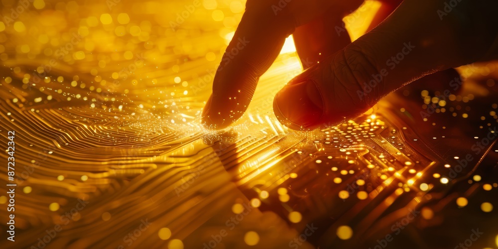 Leinwandbilder Fingertip touching an illuminated microchip on a circuit board, emphasizing the integration of advanced technology and digital innovation