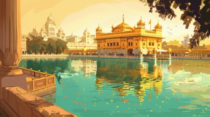 An illustration depicting the Golden Temple in Amritsar, India, the holiest shrine in Sikhism. 