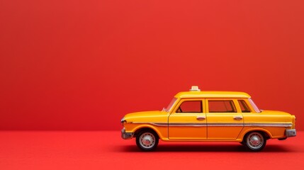 Vintage yellow toy taxi car on red background with ample space for text placement