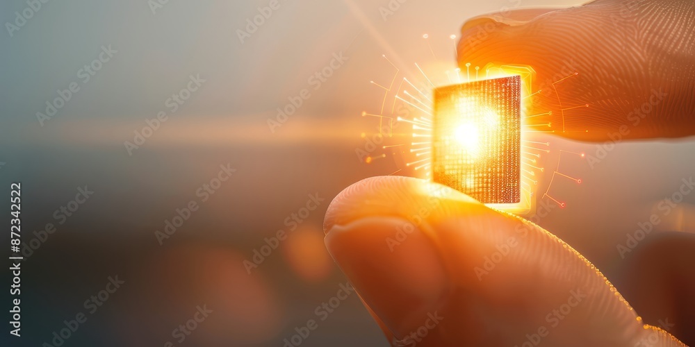 Aufkleber Close-up of a glowing nano microchip held by fingers, highlighting the advanced technology and precision engineering in electronics