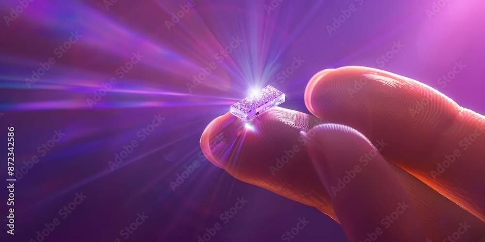 Poster Fingers holding a tiny microchip with radiant light, representing the cutting-edge advancements in technology and microelectronics