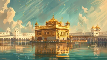 An illustration depicting the Golden Temple in Amritsar, India, the holiest shrine in Sikhism. 