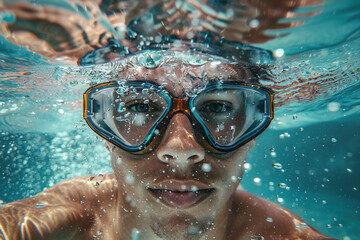Naklejka premium School boy underwater wearing goggles takes selfie while snorkeling in clear water. Travel adventure and excitement of exploring marine life. Vacation timespending activitity diving snorkeling concept