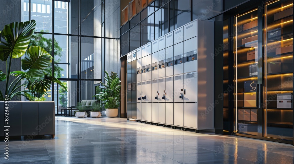 Aufkleber a modern office building lobby with rows of silver lockers and large windows.