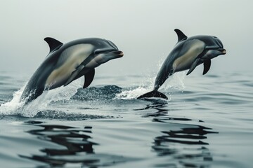 Fototapeta premium Two dolphins are captured in mid-air as they leap out of the calm ocean surface. Their synchronized jump highlights their playful and energetic nature in the serene sea.