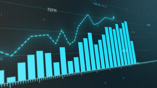 Dynamic animated financial market trends showcasing increasing and decreasing cryptocurrency charts, motion bars, trading profits, losses, and banking investments.