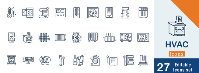 Set of 27 outline icons related to HVAC. Linear icon collection. Editable stroke. Vector illustration