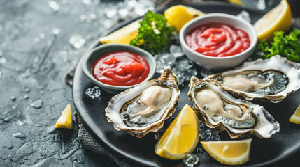 A freshly shucked oyster on a plate, glistening with seawater, surrounded by lemon wedges and a small bowl of cocktail sauce, ready to be enjoyed
