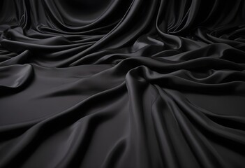 Fototapeta premium Wavy smoot soft black silk drap fallind surface sample texture background