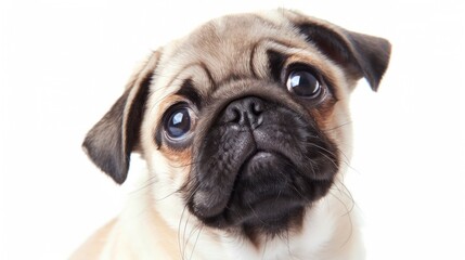 pug puppy looking up on white background