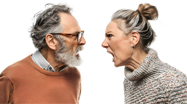 Mid aged couple yelling at each other isolated on white,