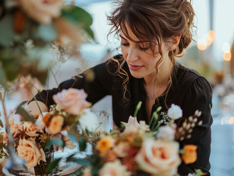 Female florist creates a flower arrangement at a wedding venue