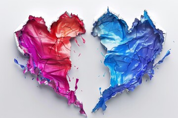 Fototapeta premium Torn heart shaped abstract art with blue and red hues capturing the essence of love and conflict in a vibrant design