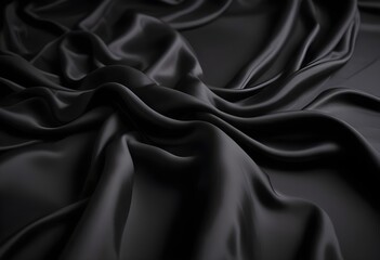 Fototapeta premium Wavy smooth black silk drapery background texture sample