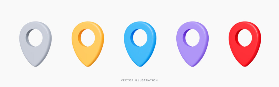 3D Colourful location pin icon set. GPS pointer marker. Minimal element for map. Locate symbols. Navigation point. Place indicator. Cartoon creative design icons. 3D Vector illustration