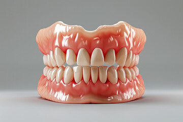 Obraz premium False teeth for elderly healthcare denture implants for dentistry clinic, set of dentures on shiny gray background, Dental prosthesis for oral care, prosthetic dentistry concept