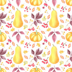 Watercolor hand drawn autumn seamless pattern with pumpkins, foliage, rowan berries, rose hip on white background. Endless fall backdrop for scrapbook paper, wrapping paper, textile and fabric.