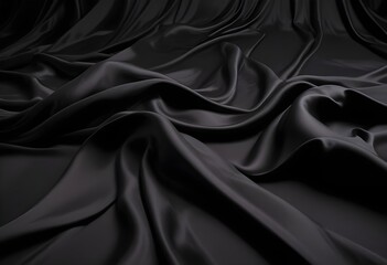 Fototapeta premium Wavy smooth black silk drapery background texture sample