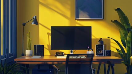 Vibrant workspace, lime and navy pops, minimalist layout, no reflection, 32k UHD,