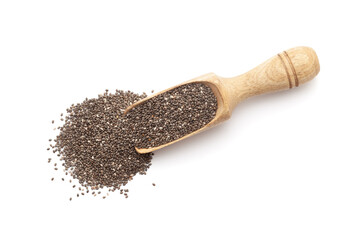 Top view of a wooden scoop filled with Organic Chia Seeds (salvia hispanica). Isolated on a white background.