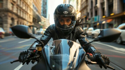 POV closeup of a man with black helmet driving a motorcycle on a public road with sweeping effect