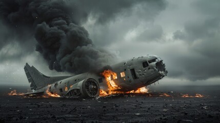 hyper-realistic photo of burning plane on ground with black smoke and dark sky, cinematic photography and wide shot
