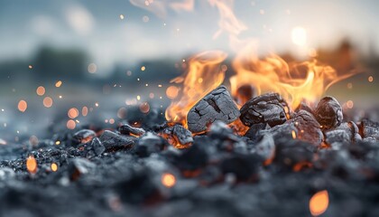 An image of burning embers with visible flames and glowing particles, creating a vibrant and dynamic scene that captures the essence of fire and heat.