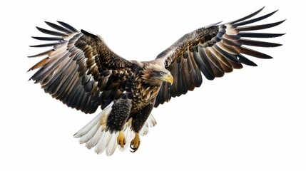 Fototapeta premium An eagle with its wings fully spread is captured mid-flight, displaying its detailed feathers against a white backdrop, symbolizing freedom and strength in nature.