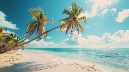 A picturesque beach scene featuring leaning palm trees, pristine white sand, and clear turquoise water under a bright and sunny blue sky, evoking a sense of tranquility.