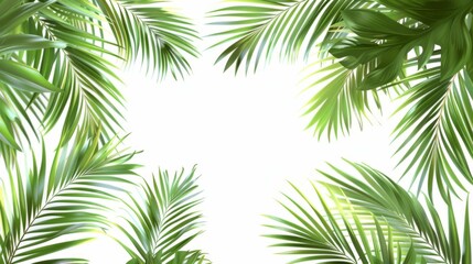 Lush green palm leaves form a natural frame around a bright and inviting tropical scene, creating a sensation of being surrounded by nature and evoking feelings of warmth and tranquility.