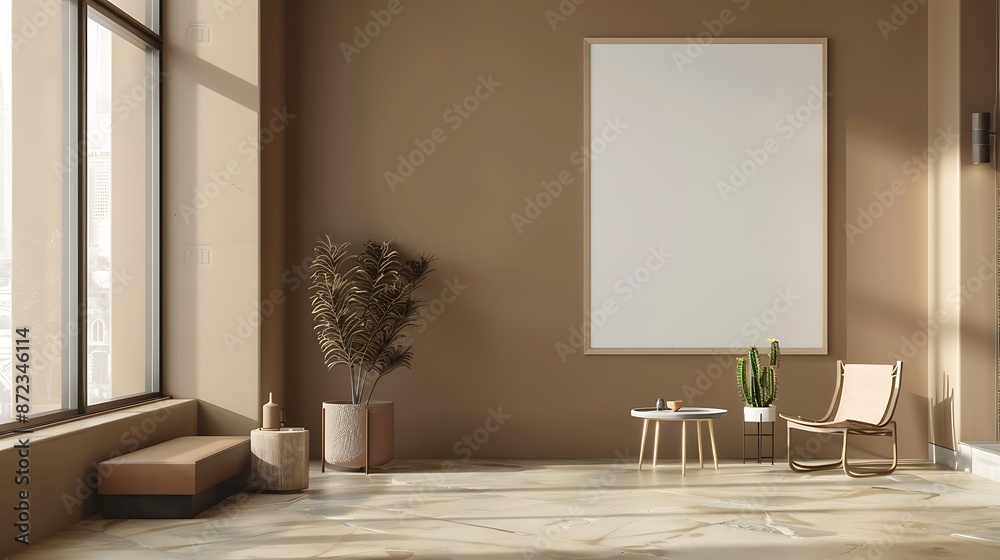 Wall mural warm taupe tone in a minimalist office, blank white frame, 32k uhd